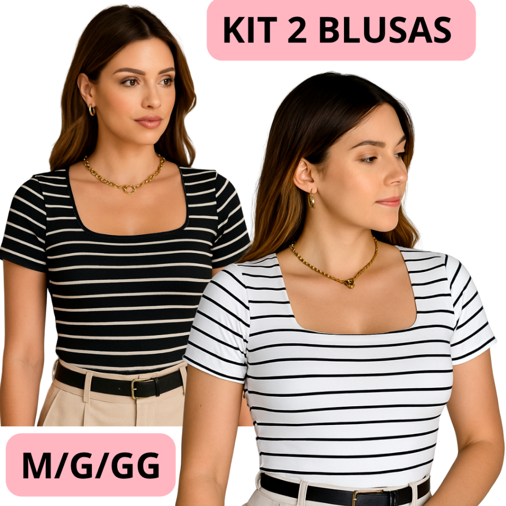 Kit 2 Blusa Feminina Canelada Ribana Gola Quadrada Listrada Camiseta Confortável