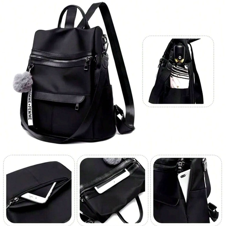 Mochila Escolar Feminina Antifurto Bolsa Impermeável Com Chaveiro PomPom Fashion Casual Universitária