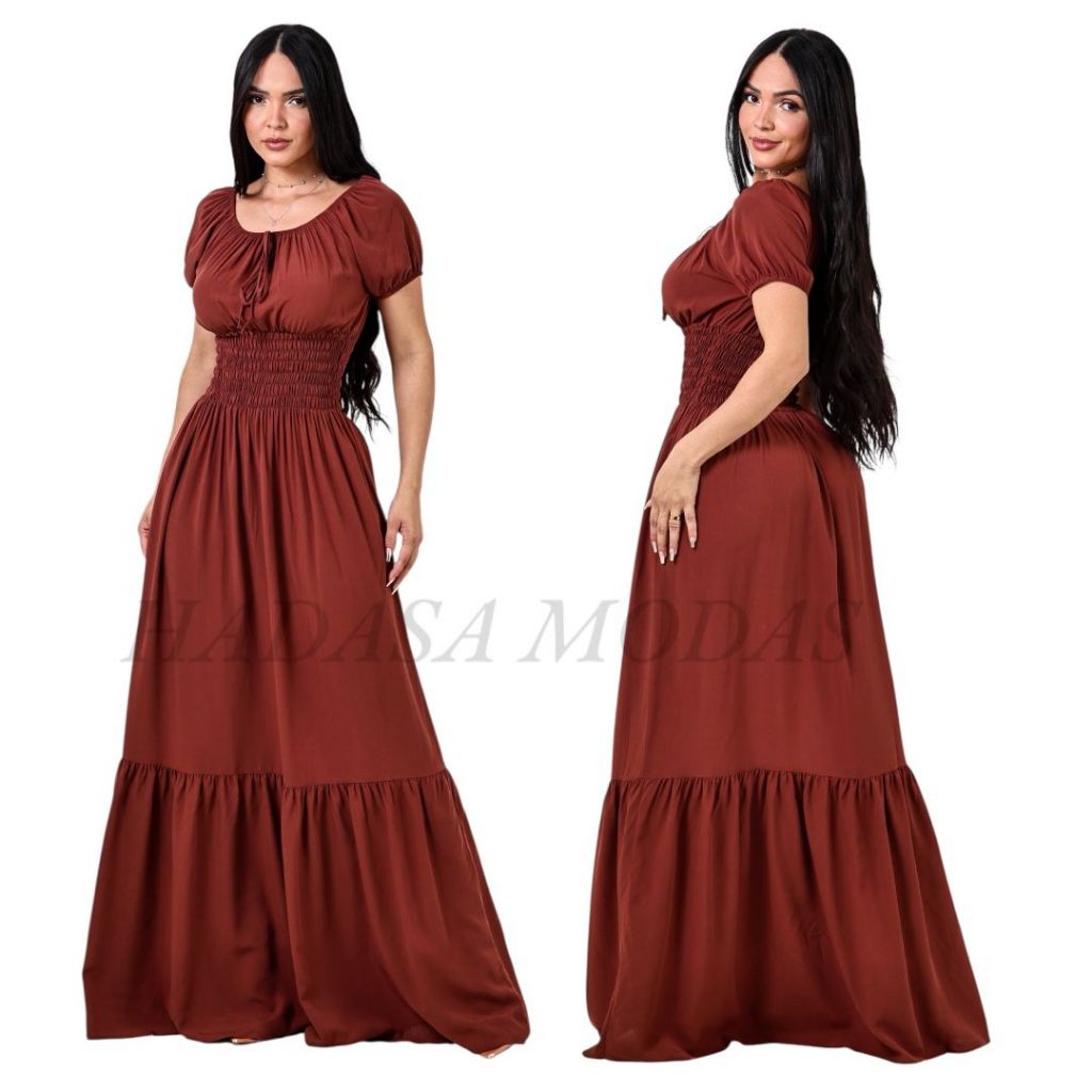 Vestido Longo Feminino Viscolinho Manga Curta -Tendencia Vestido Ciganinha - Moda Evangelica