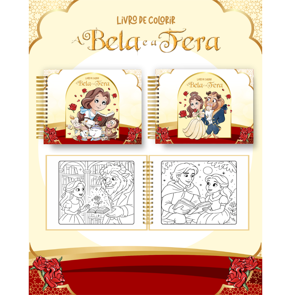 Livro de Colorir Bela e a Fera 50 folhas 180G Caderno de Desenho Pintura Coloring Book SEM PERSONALIZAÇÃO