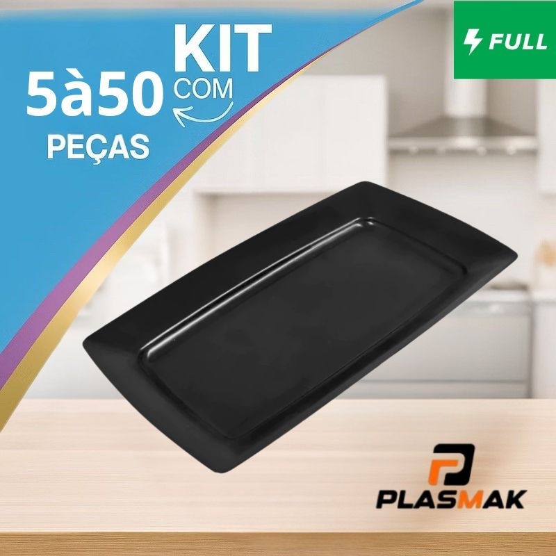 Kit 5 á 50 Bandejas Petisqueira Plástico Preto Lanches Porções Petisco Festas Lanchonete Churrasco