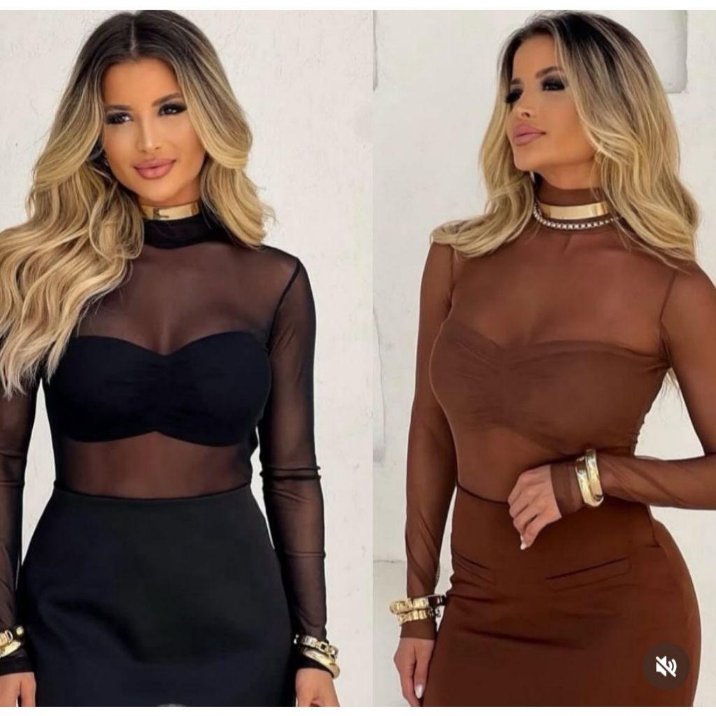 Body Tule Manga Longa Golinha Elegância e Sensualidade Marrom Segunda Pele Preto Bori