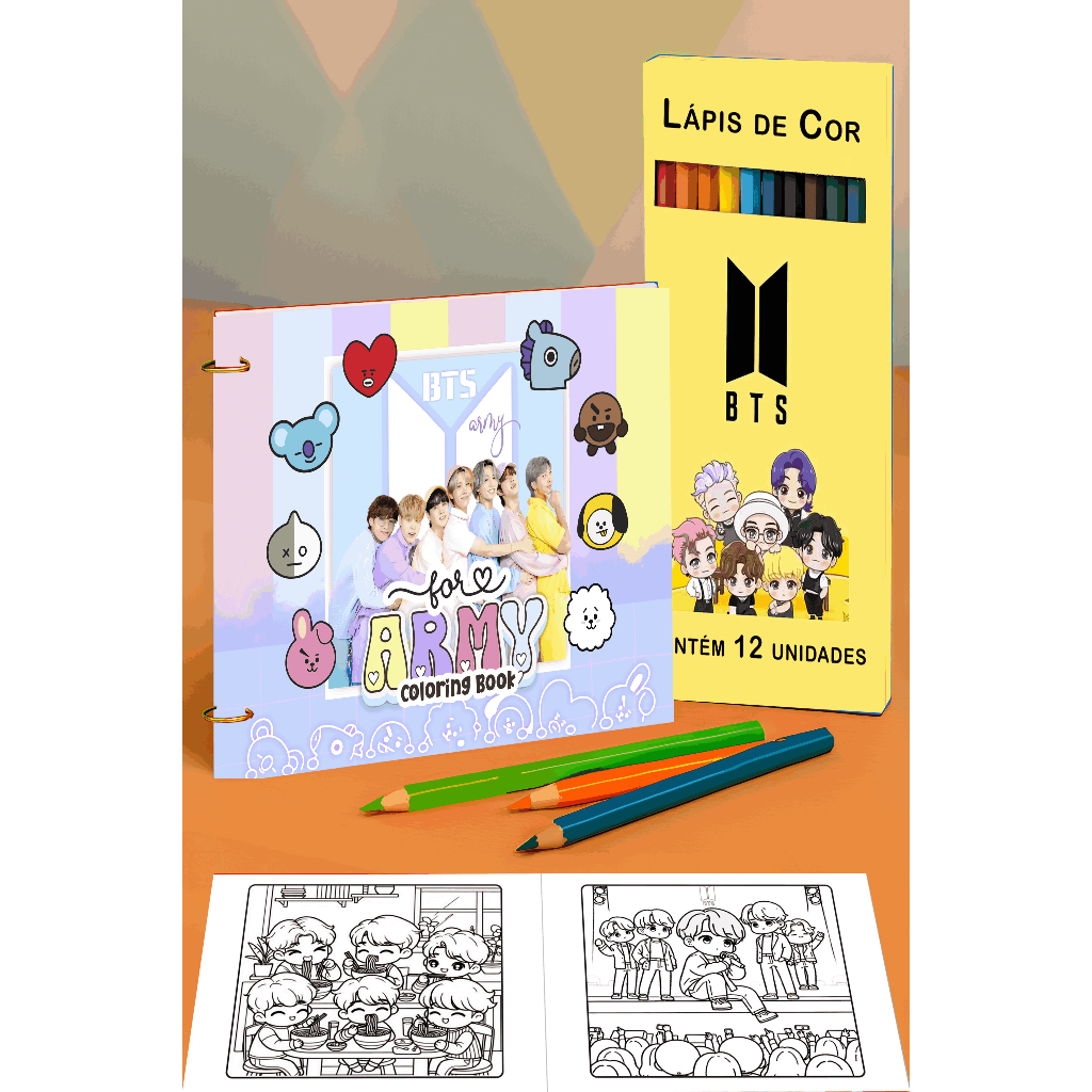 Livro de Colorir BTS A5 Capa Dura 50 Pág + Lápis de Cor do Tema + Folha Acetato. Presente K-Pop ARMY
