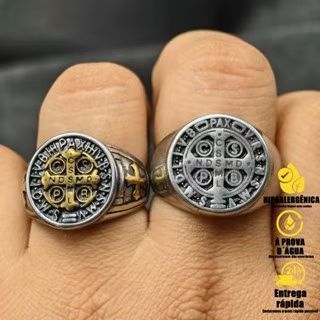Anel Religioso de São Bento – Dedeira Masculina Cravejada com Cruz, Medalha e Acabamento Ouro 18K em Oferta na Shopee