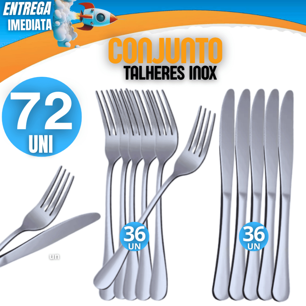 Talheres 72 Unidades Inox Premium – 36 Facas, 36 Garfos  para Casa, Cozinha, Restaurante ou Eventos Variáveis Utilidades