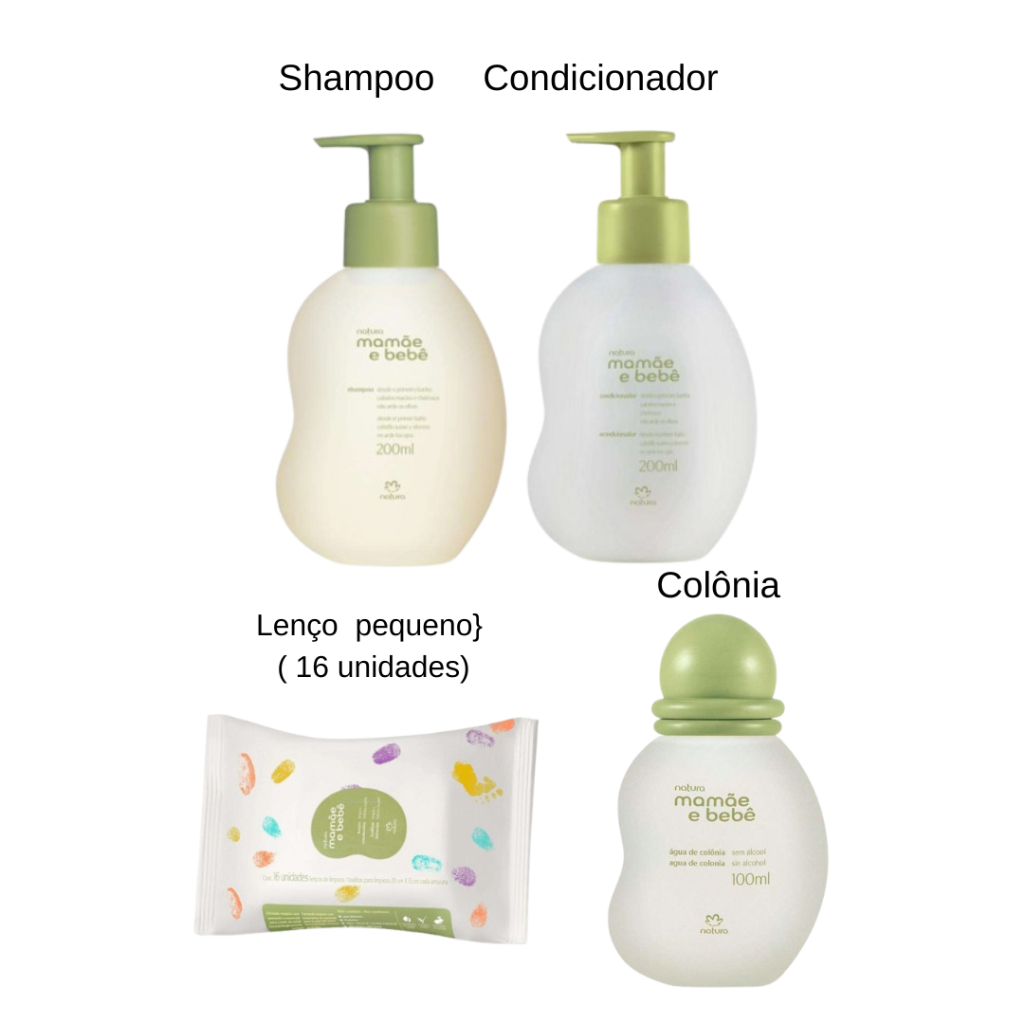 KIT Mamãe e Bebê Natura (Colônia 100ml, Shampoo e Cond 200 ml, pacote de lenços pequeno) - 4 itens - Recem Nascido