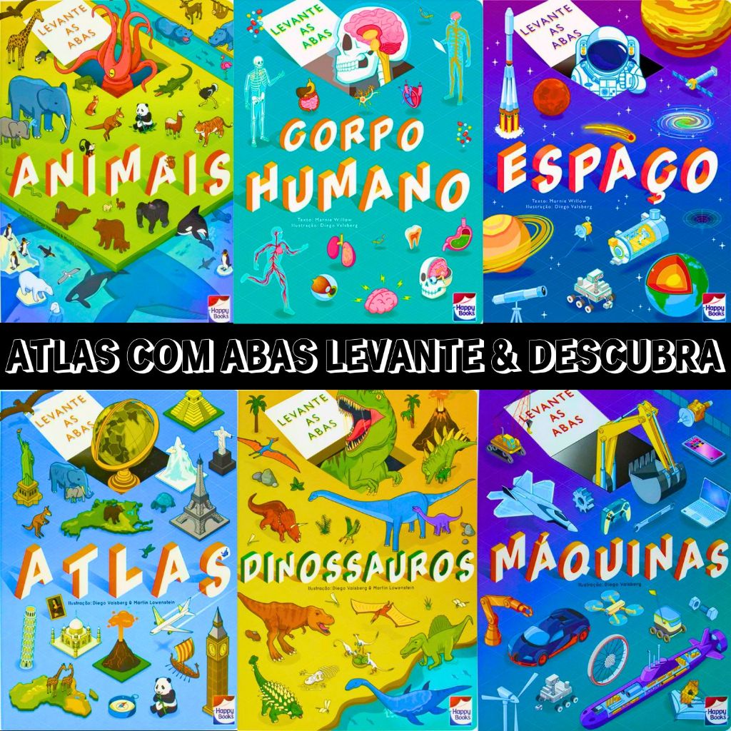 Livro Infantil Grande Atlas Animais Mundo Corpo Humano Espaço Dinossauros Máquinas | Happy Books