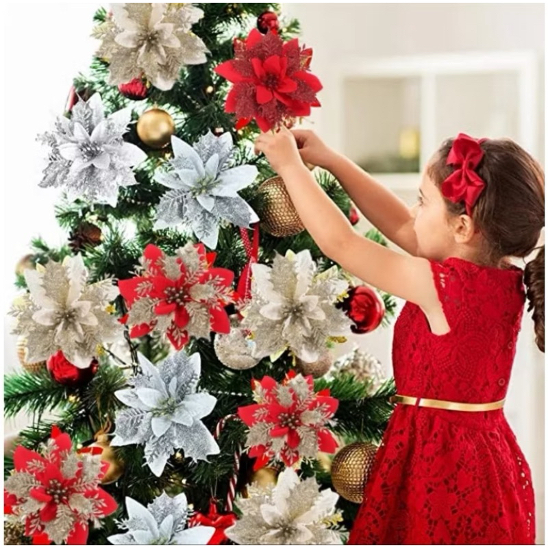 kit 5  Flor De Natal Poinsétia Decoração Arvore de natal Festas cor Vermelha Grande -