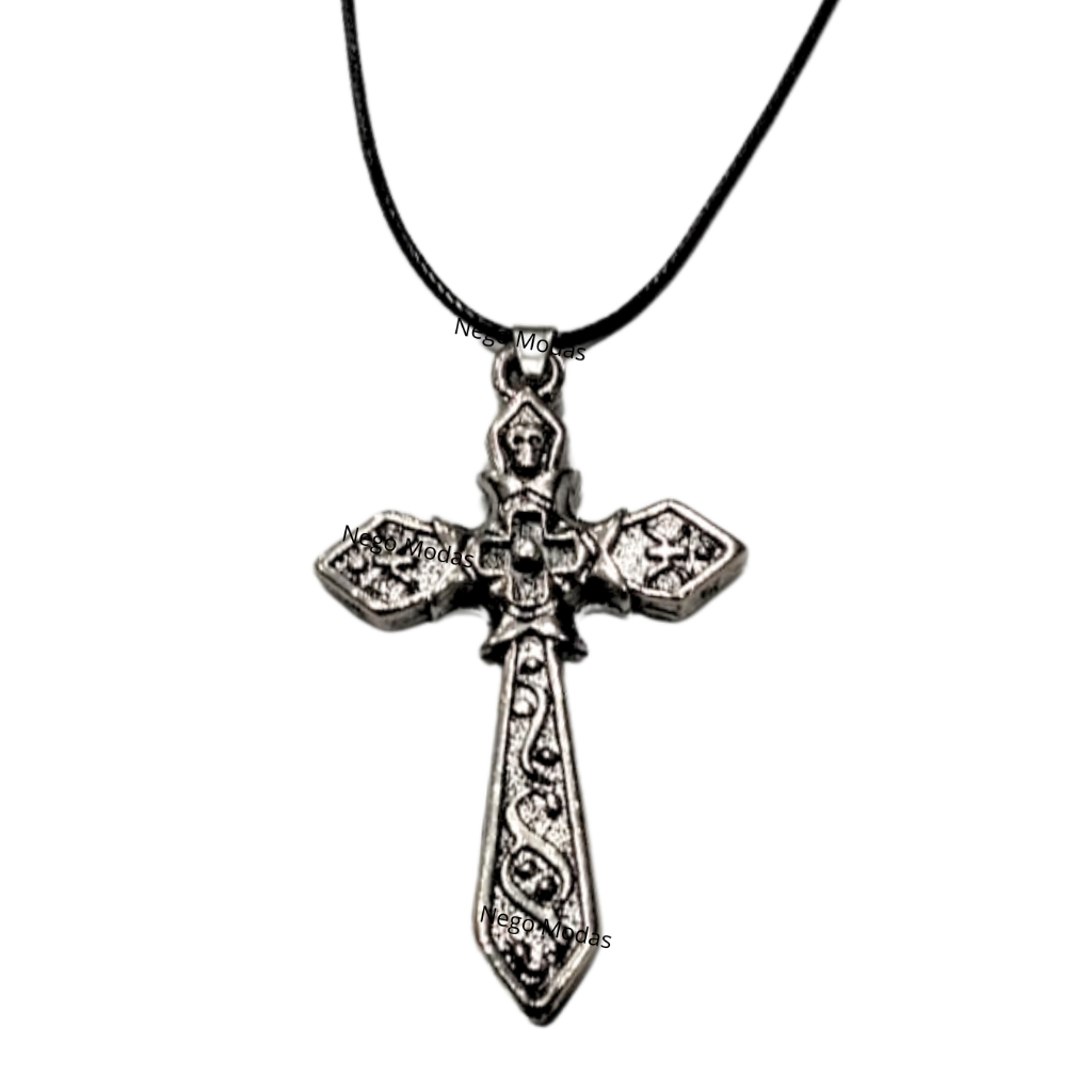 Pingente Cruz Detalhada Colar Crucifixo Gotico Medieval Corrente Ajustável Aço Inox