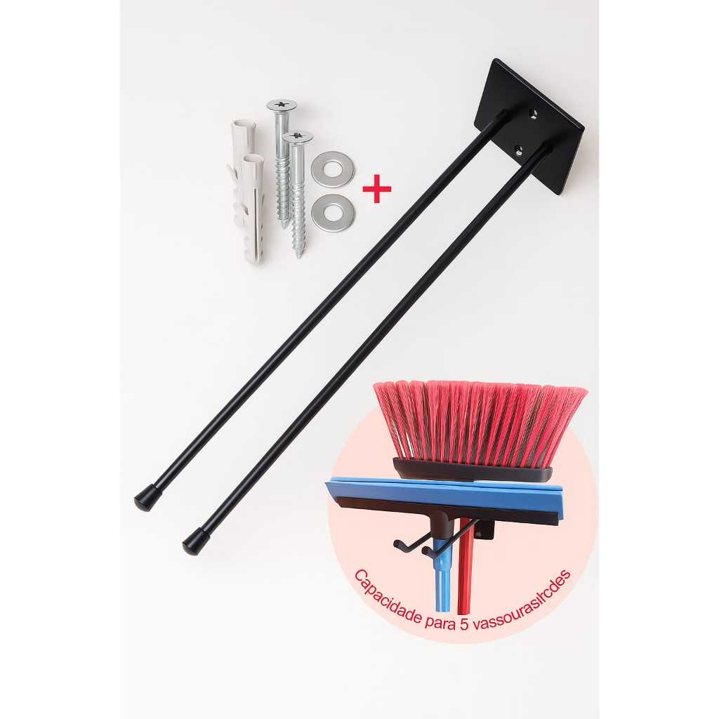 Suporte de Parede Para Vassouras e Rodos Suporte Branco e Suporte Preto 30cm Reforçado