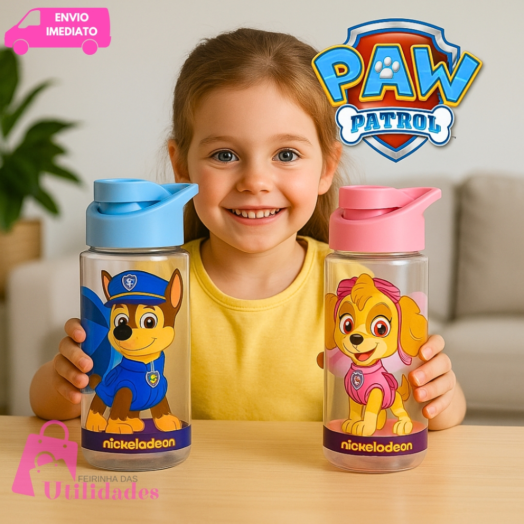 Garrafa de Água Infantil Squeeze Com Tampa Alça Patrulha Canina Menino Menina 500ml