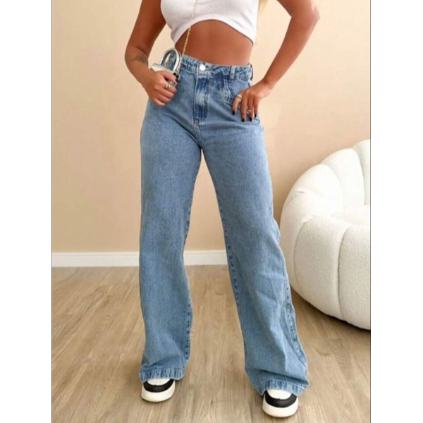 Calça Jeans Gaven Wide Leg Feminina Pantalona Cintura Alta Tecido Grosso 100% Jeans em Oferta na Shopee
