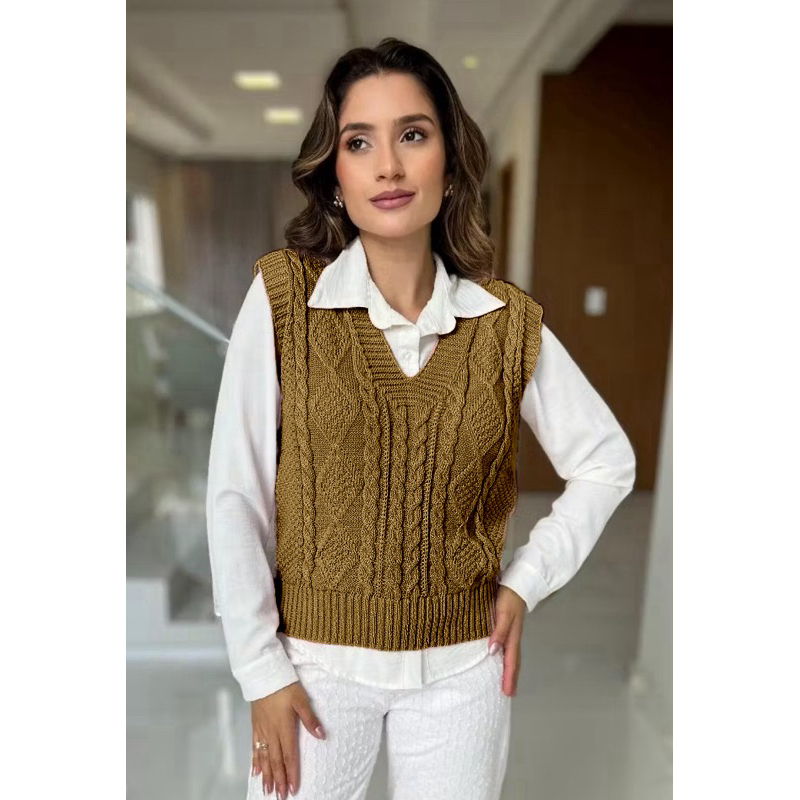 Colete Tricot Feminino Trançado Gola V Premium Tendência Moda Outono Inverno 2025