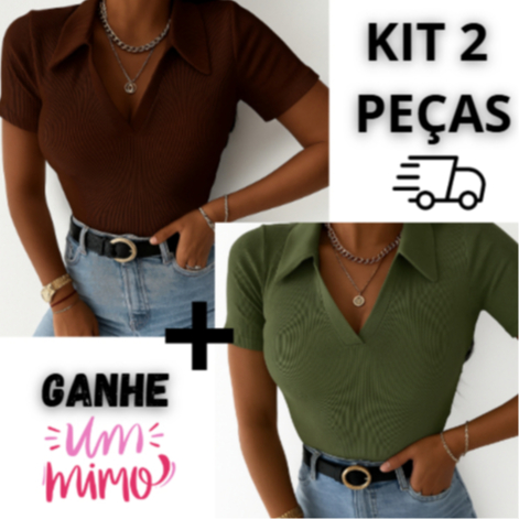 kit 2 Peças Blusa Feminina  Gola Polo Ribana Algodão Premium camisa Basica Tendencia.
