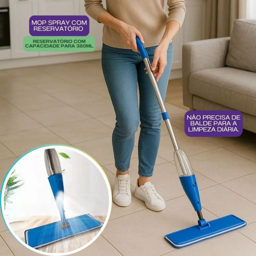 Mop Spray Com Reservatório Rodo Esfregão Mágico 360º Refil Microfibra Limpeza Praticidade