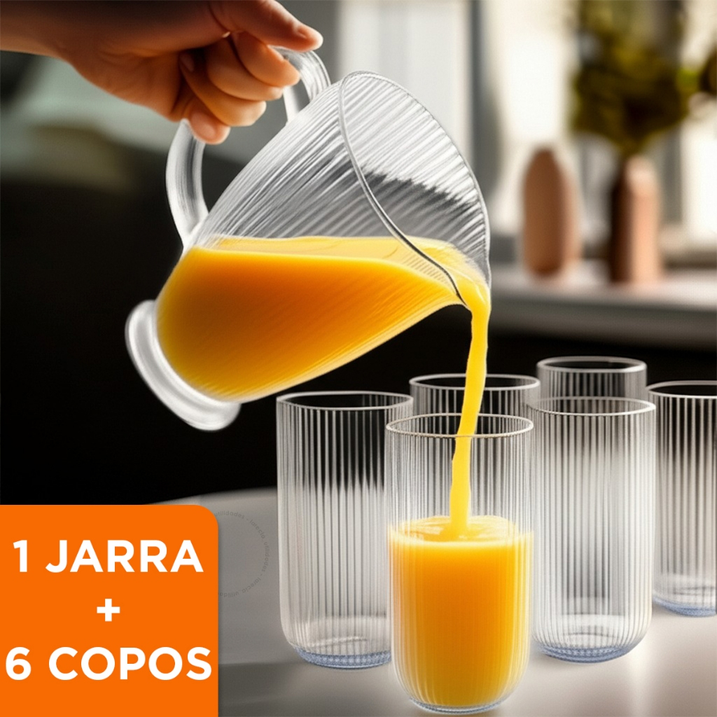 Conjunto 7 Peças Canelado Jogo 6 Copos 420ml e 1 Jarra 1,4Lts Vidro Resistente Suco Água R...