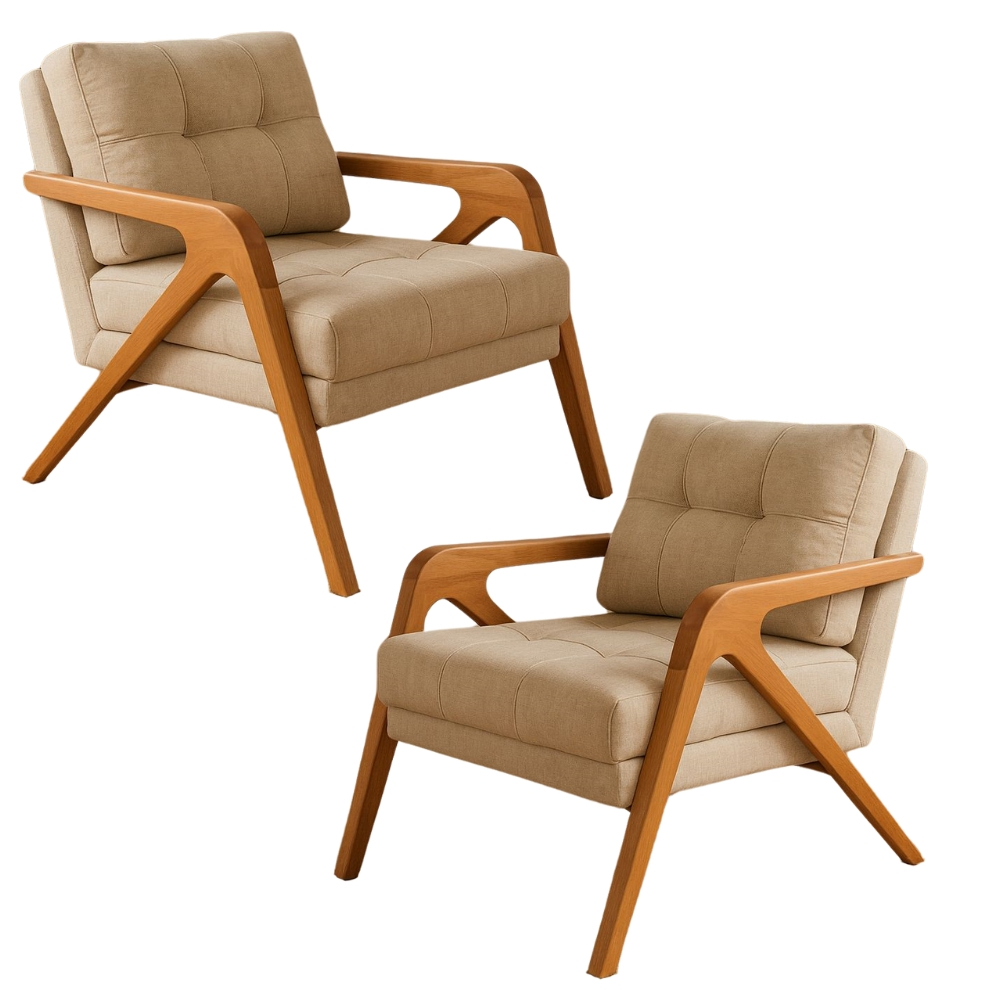 Kit 2 Poltrona Decorativa Mona Linho Desenho Nervura Pé Madeira Maciça