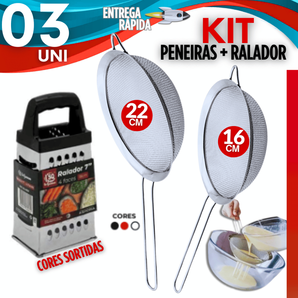Kit 1 Peneira 22 cm + 1 Peneira 16 cm + 1 Ralador 4 faces Premium Verduras Legumes Aço Inoxidável em Oferta na Shopee