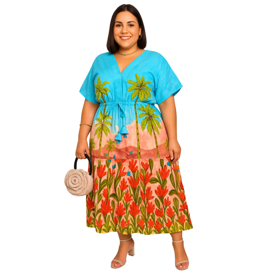 Vestido Viscolinho Plus Size LANÇAMENTO Barrado Soltinho, Acinturado e Confortável até o Tamanho 58