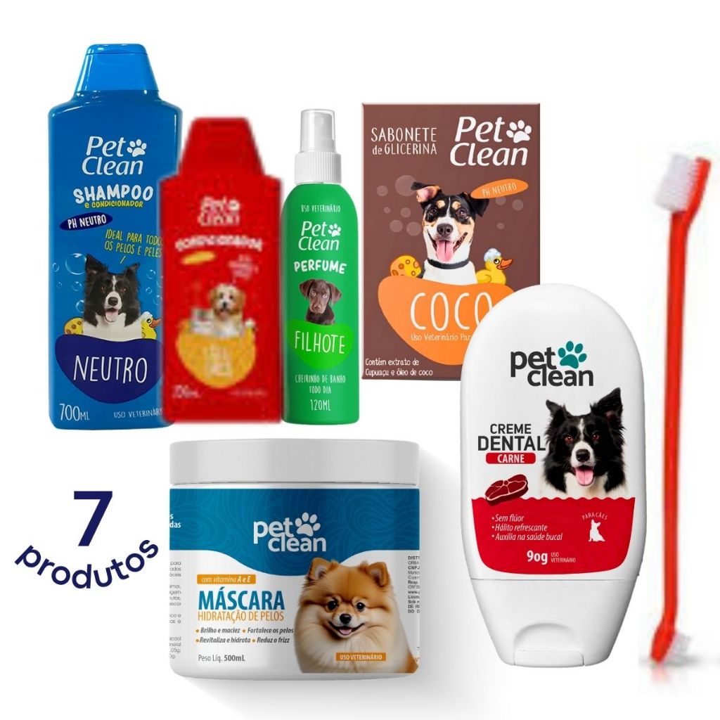 Kit Creme dental + Escova + Shampoo + Condicionador + Perfume + Máscara + Sabonete Pet Clean p Cães em Oferta na Shopee