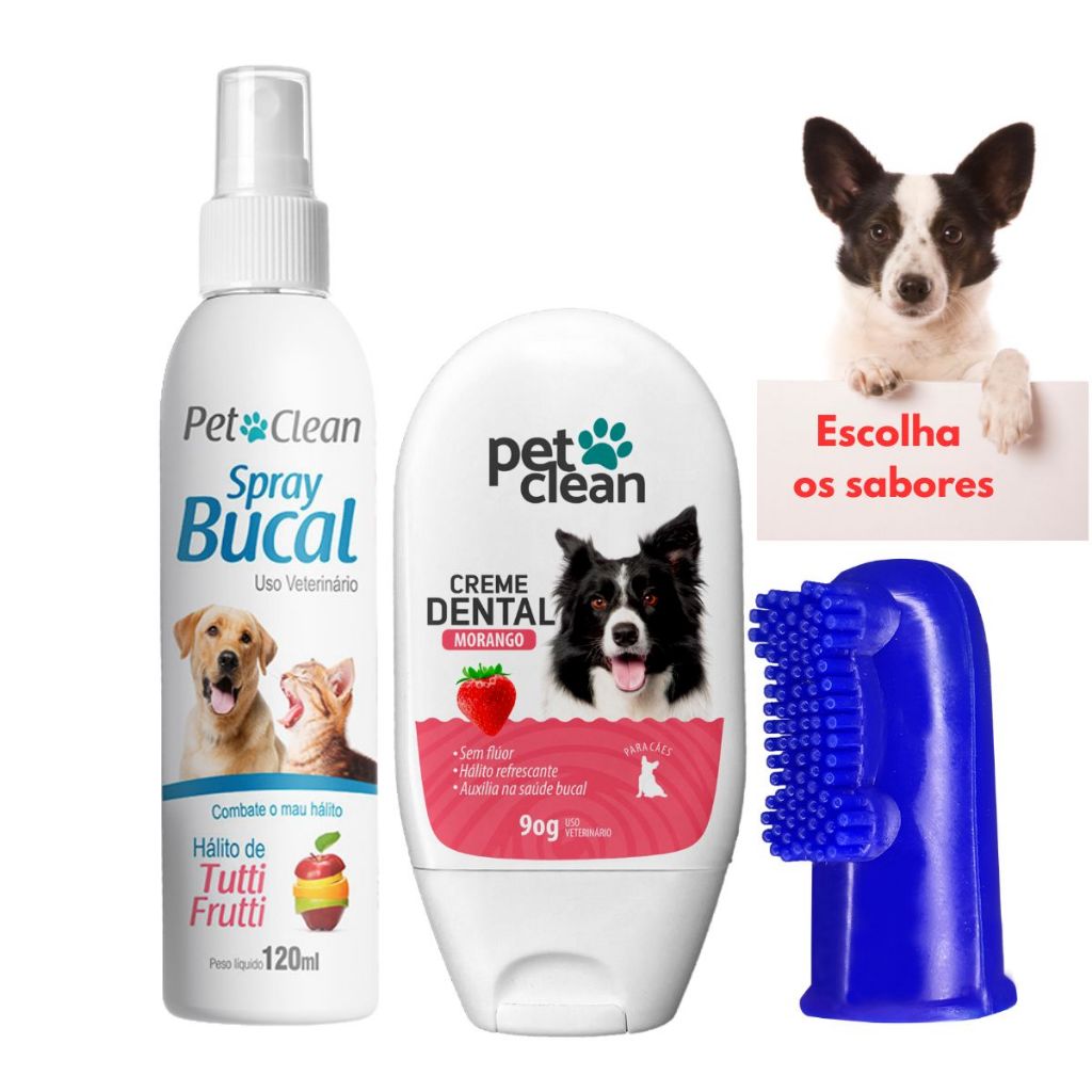 Pet Clean Pasta de Dente + Spray Bucal + Dedeira para Cachorros e Gatos Previne Mau Hálito