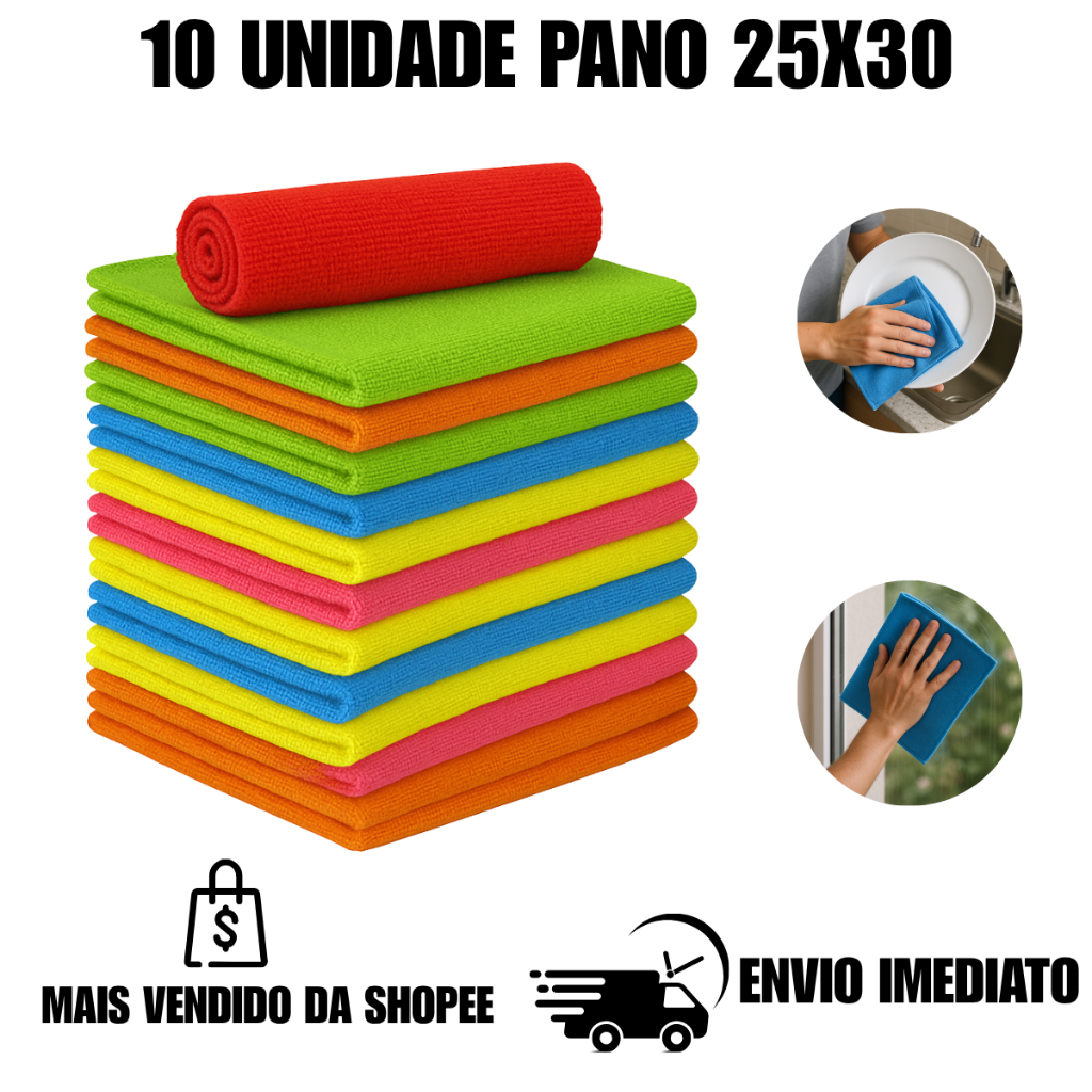 KIT 10 PANOS DE LIMPEZA MICROFIBRA ALTA ABSORÇÃO MULTIUSO PRATO ATOALHADO MICROFIBRA ATOALHADO