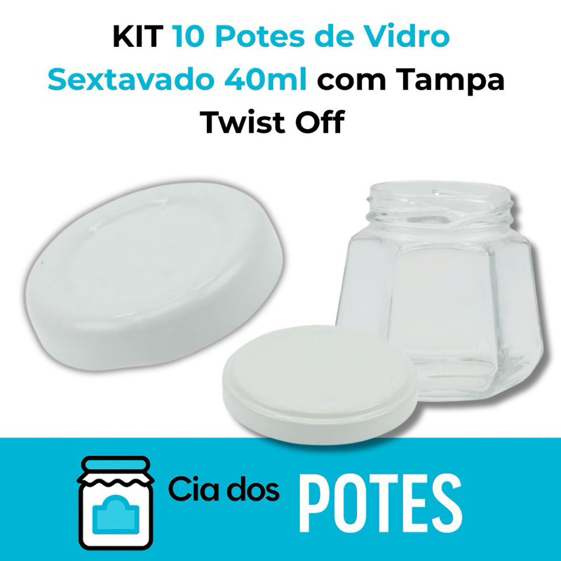 Kit 10 Mini Potes de Vidro 40ml Sextavado com Tampa Metálica Branca | Ideal para Geleias, Lembrancinhas e Doces no Pote