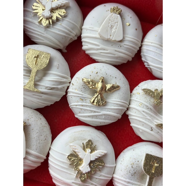 aplique batizado espirito santo nossa senhora para docinhos cake donuts pasta americana chocolate dourado e branco em Oferta na Shopee