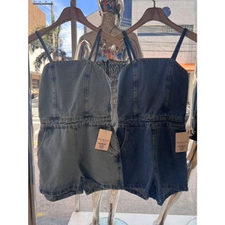 Anaoffice 528 Macacão Jeans macaquinho Alcinhas Sem Elástico Zíper Traseiro Modelo sem Mangas