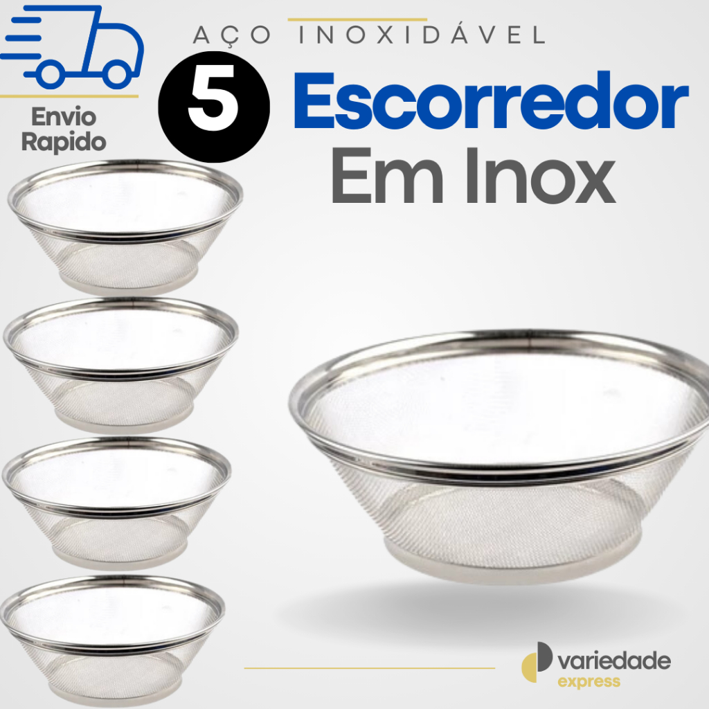 Escorredor de Arroz e Macarrão 5 Peças Inox 25 cm - Verduras e Frutas