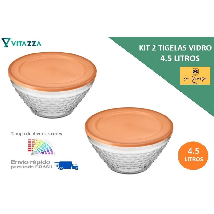 Kit 2 Tigelas Saladeira Vidro Bico de Jaca 4.5 Litros 26cm Com Tampa Plastica Vitazza