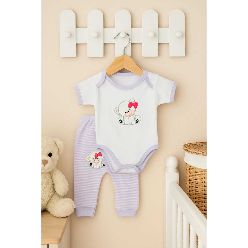 Kit 4 Peças - 2 Body + 2 Calça Conjunto Roupa De Bebê Safari 3D Bore e Culote Enxoval