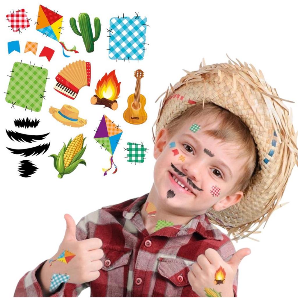 Tatuagens para Meninos - Festa Junina com Bigodinhos, Fogueira e Retalhos - Removíveis