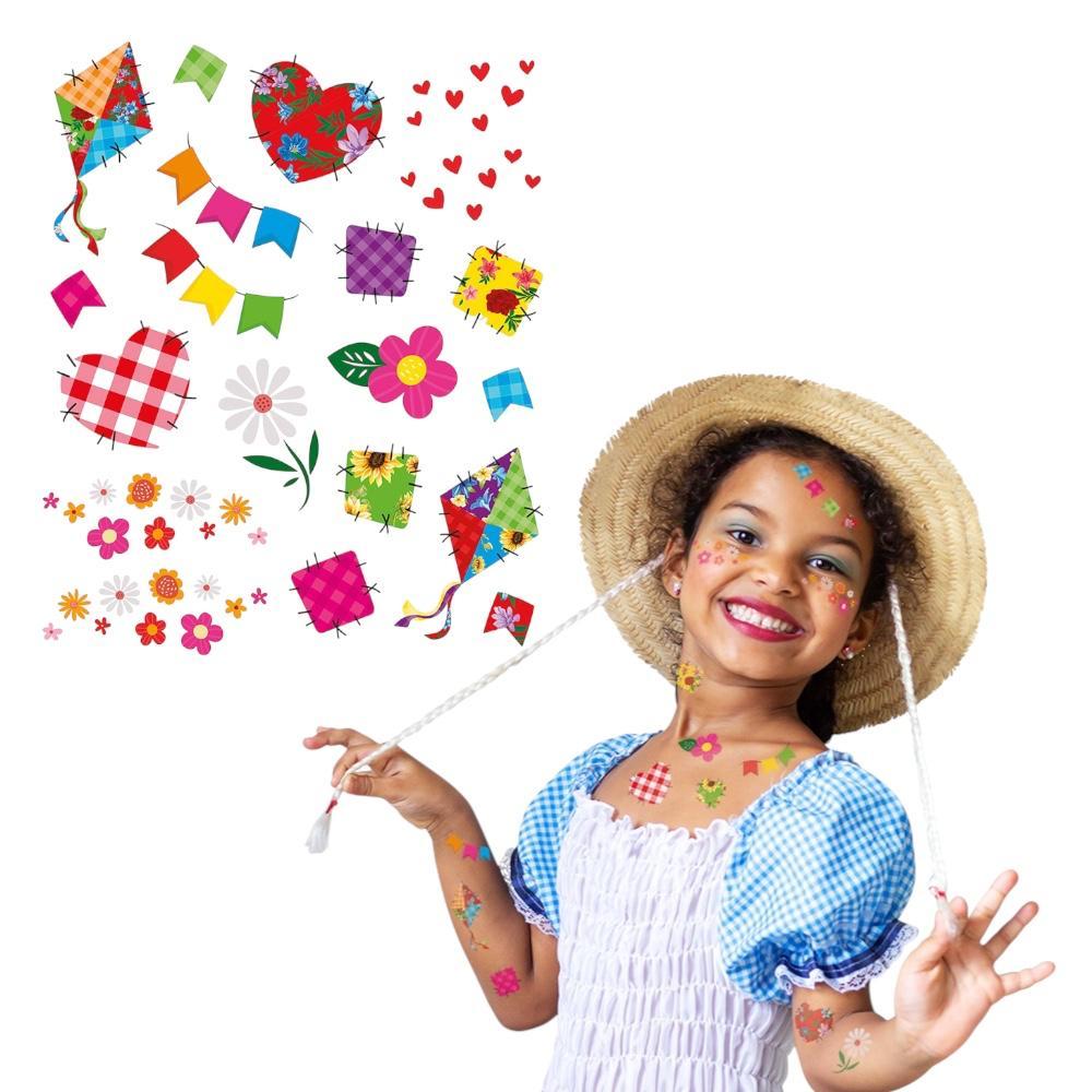 Tatuagens para Meninas - Festa Junina com Bandeirinhas, Corações e Retalhos - Removíveis