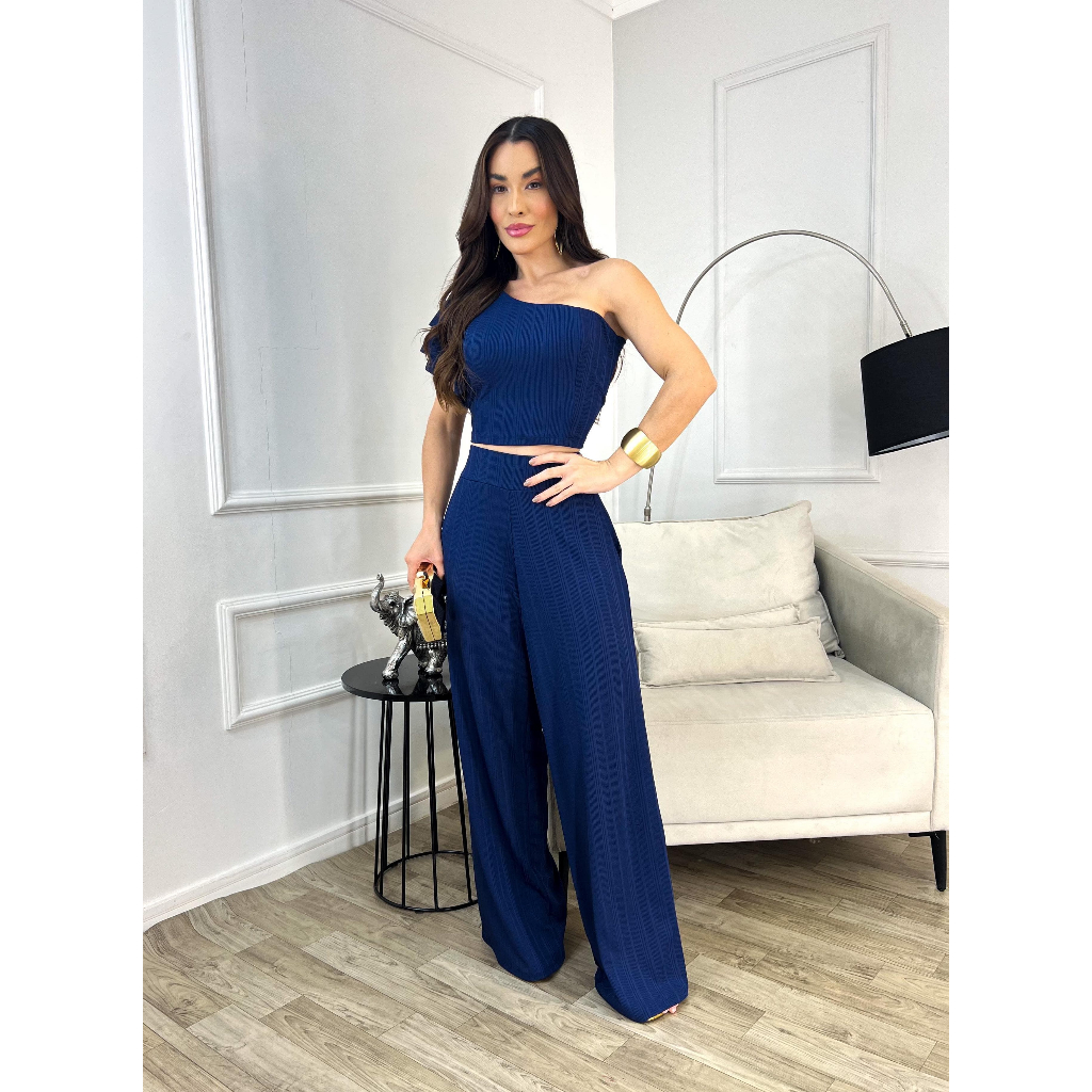 Conjunto Feminino Pantalona Cintura Alta Cropped Gola Assimétrica 1 Manga Liso Elegante Casual Malha