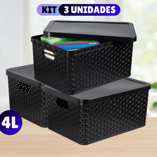 Kit Com 3 Cesto Caixa Organizadora Rattan Com Tampa 4 Litros Preto em Oferta na Shopee