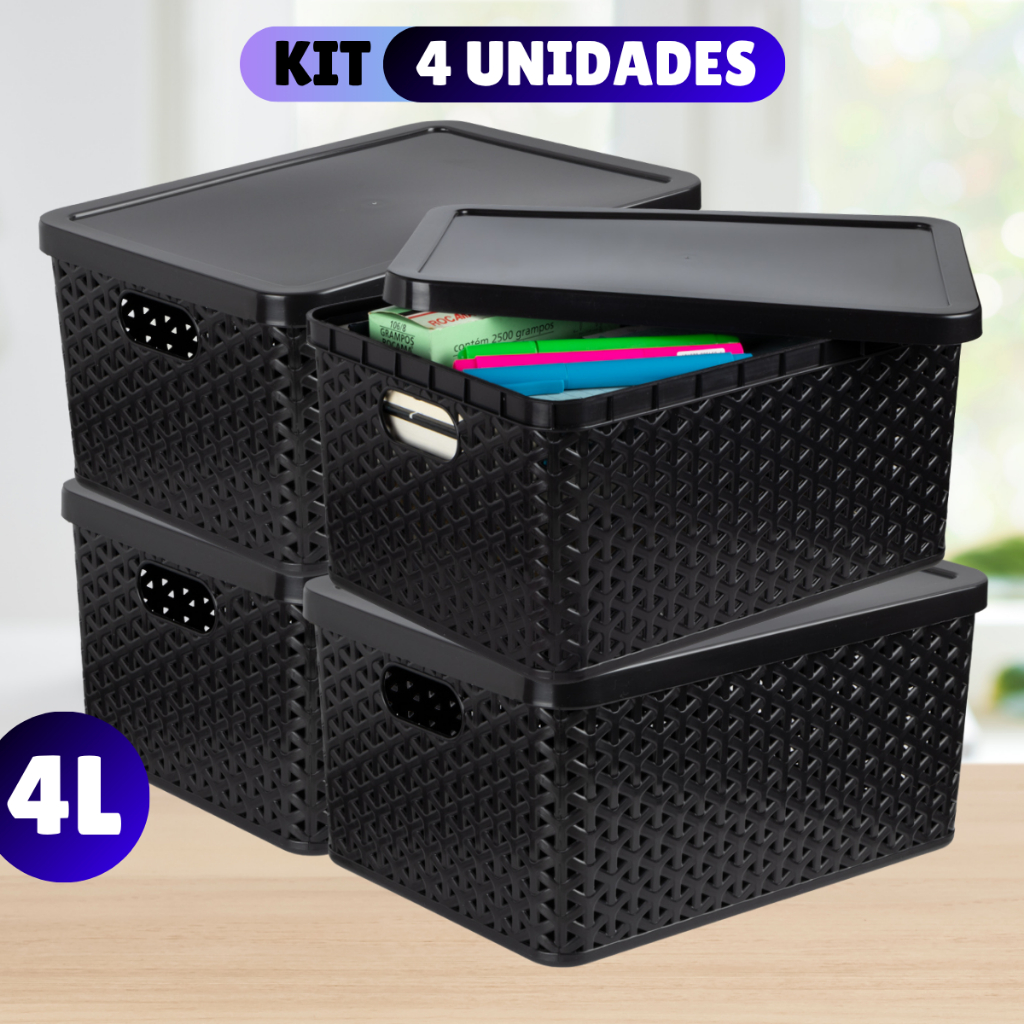 Kit Com 4 Cesto Caixa Organizadora Rattan Com Tampa  4 Litros Preto