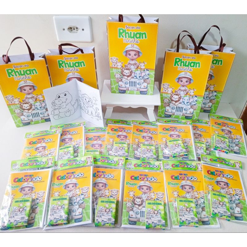 Kit 50 Lembrancinhas Safári: 25 Sacolinhas+ 25 Revista Colorir com Giz, Lembrancinhas Aniversário Personalizadas.
