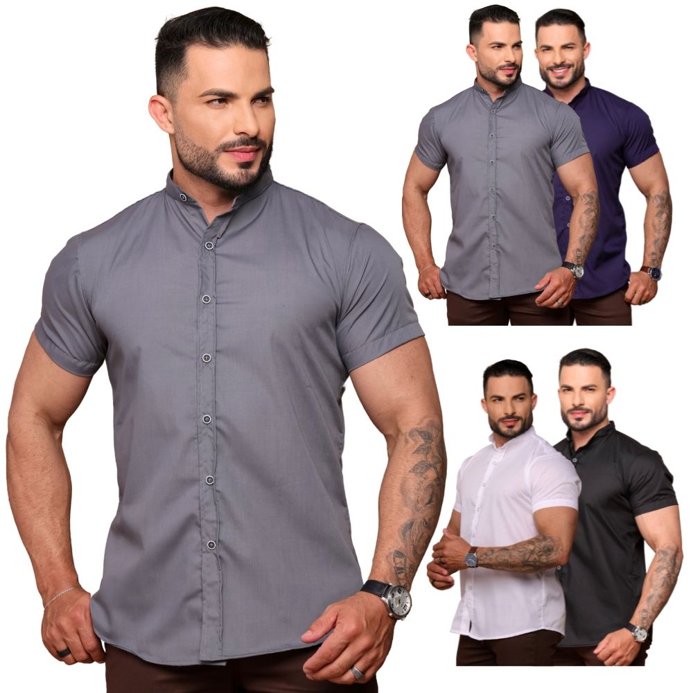 Camisa Masculino Gola Padre Manga Curta Slim Fit Verão Elegante Algodão em Oferta na Shopee