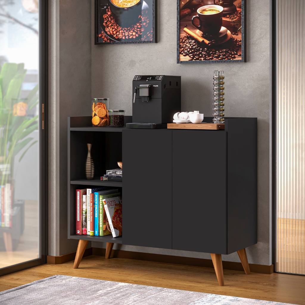 Balcão buffet aparador 2 portas para casa com pés de madeira divisórias na cor preto em Oferta na Shopee