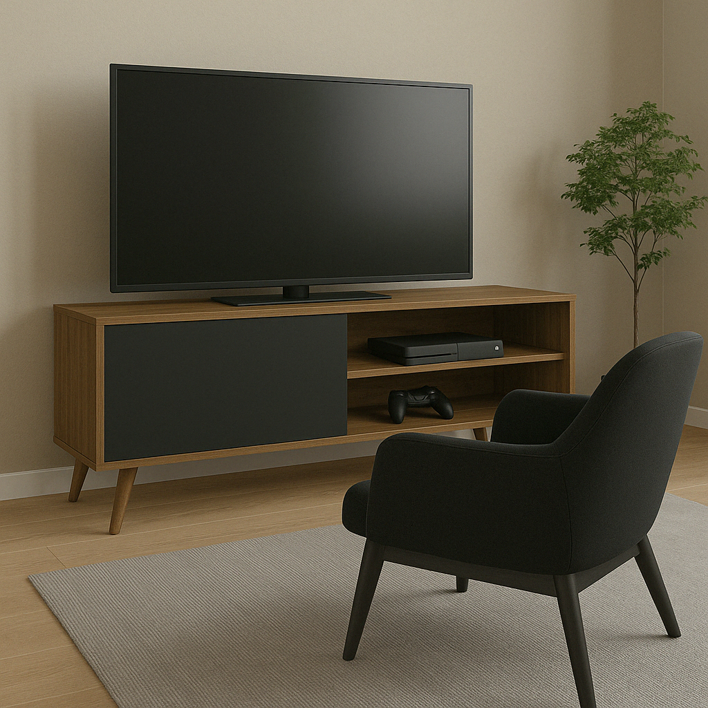 Rack aparador para sala ou cozinha com pés de madeira para tv até 43 polegadas