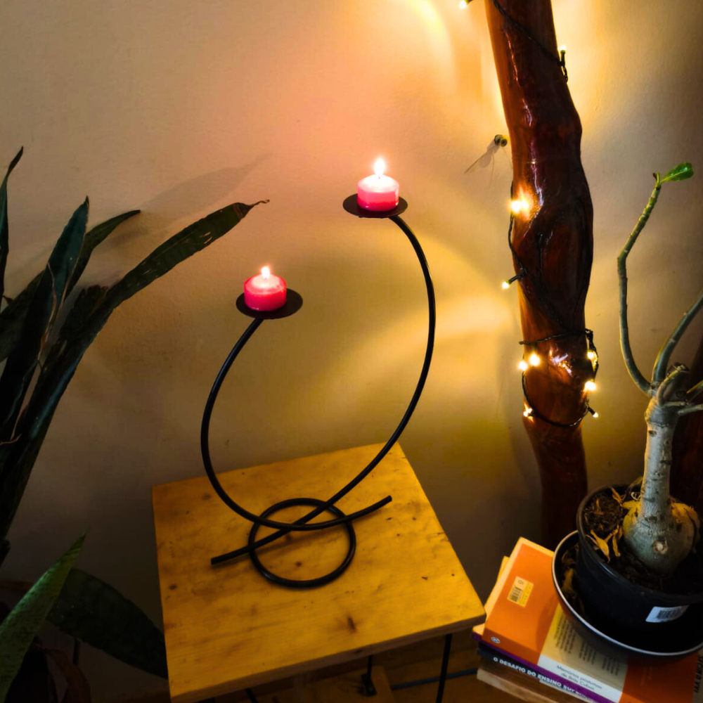 Candelabro Castiçal Porta Vela Ferro Mesa Jantar Centro Preto 35cm