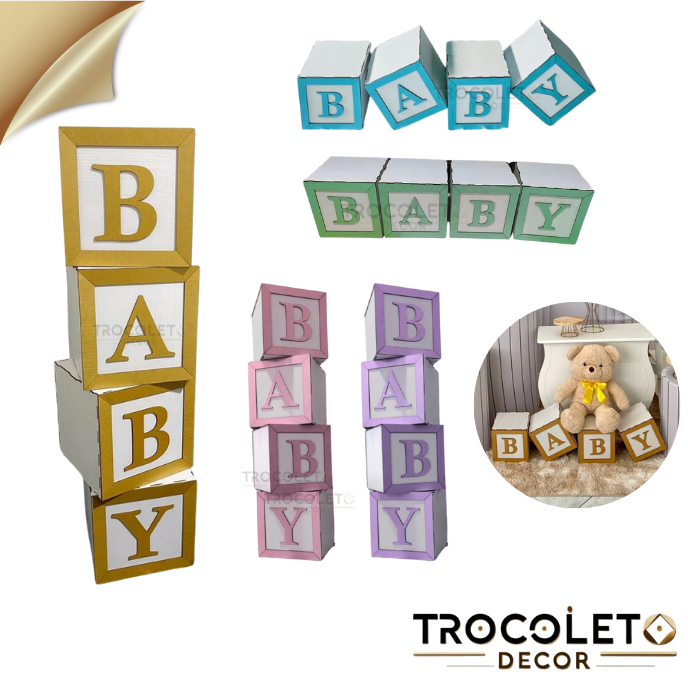 Kit Baby CUBOS Mdf 4 Peças Chá Revelação 20cm - Dourado  e Colorido - Cubo Festas em Oferta na Shopee