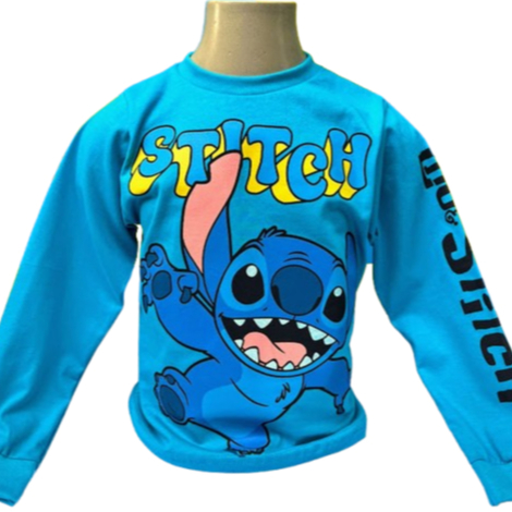 Camiseta infantil manga longa personagem Stitch Azul 100% algodão