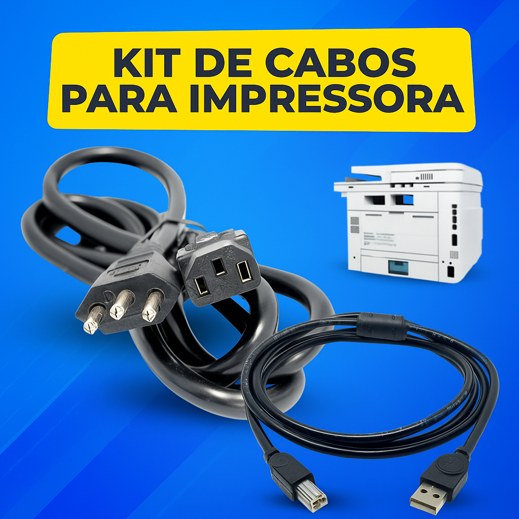 Kit Cabo de Força Tripolar 10A + Cabo USB A/B 1,50 Metros Compatível com Impressora Multifuncional HP LaserJet Pro