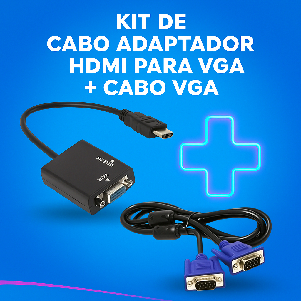 Kit Cabo HDMI para VGA com Áudio + Cabo VGA 1,5m Adaptador Conversor Monitor PC TV