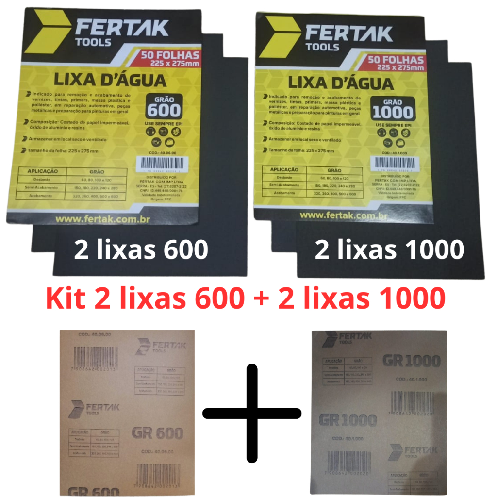 Lixa 600 + Lixa 1000 Kit 2 de cada Grão D'água Polimento Lixamento Acabamento Folha Superfície Metal