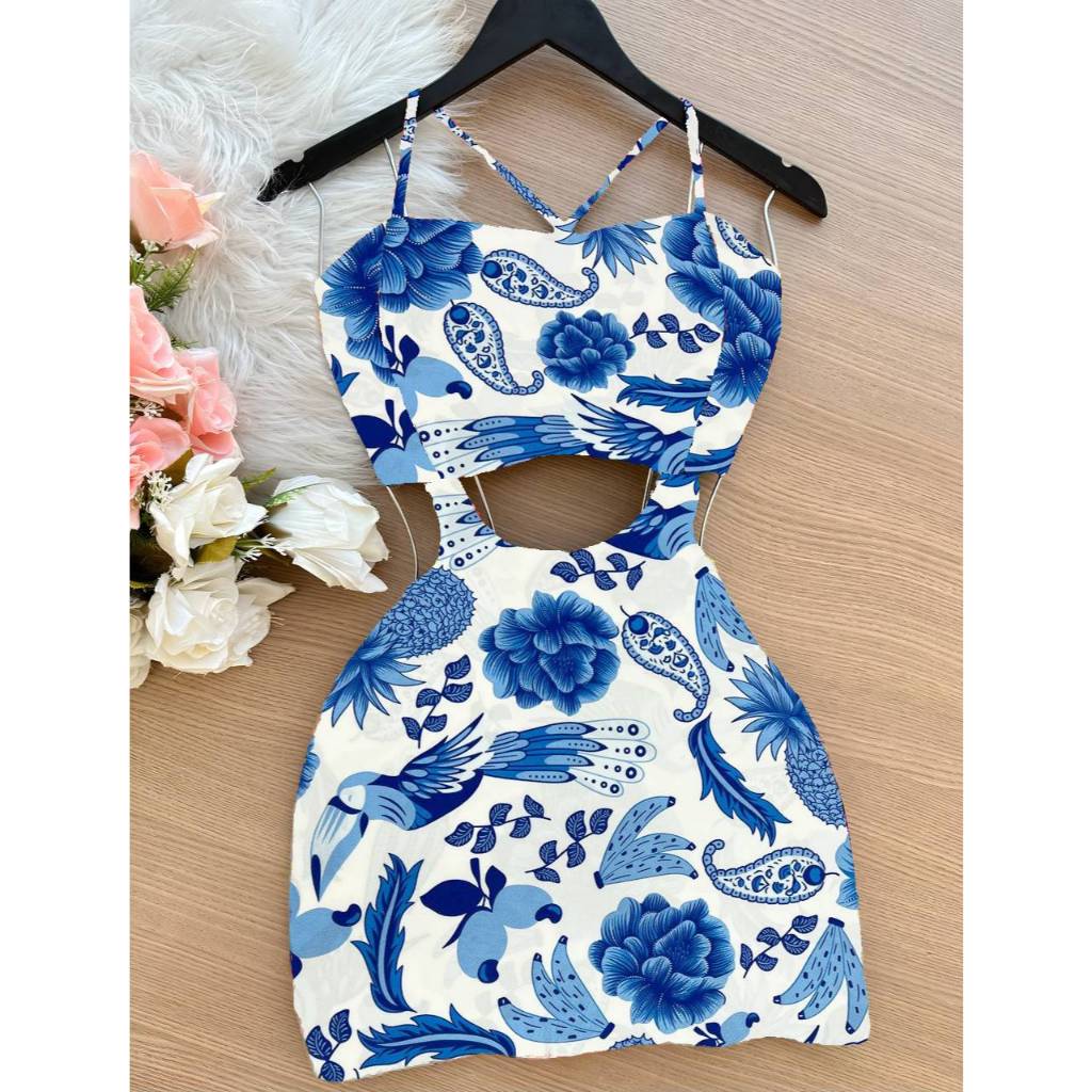 Macaquinho Feminino Vestido Estampado com Bojo Alça Ajustável possui forro em Oferta na Shopee
