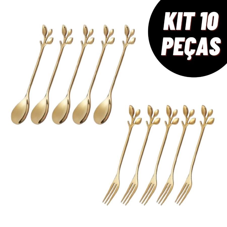 Kit 5 Peças Colher de Café e 5 Peças Garfos de Frutas Padrões de Folhas Aço Inoxidável 12cm