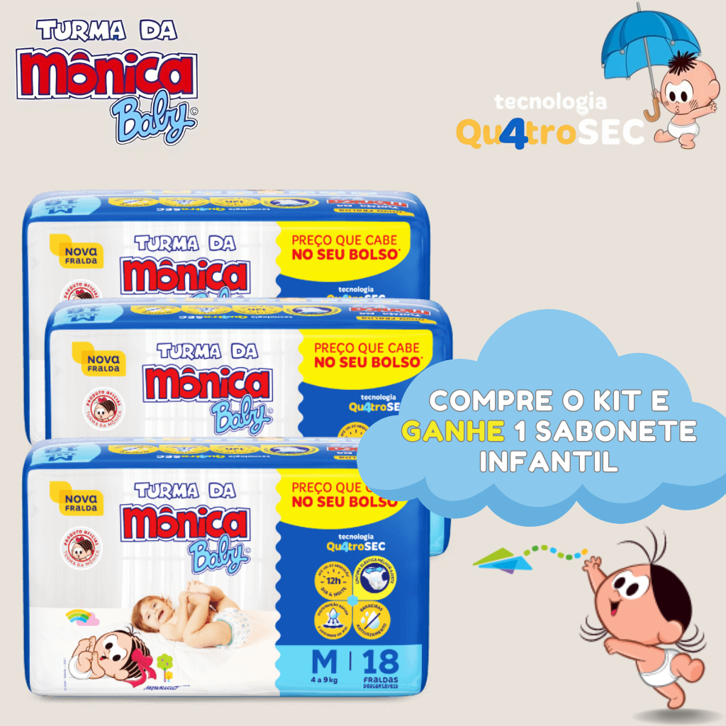 Kit 3 Pacote de Fralda Descartavel Turma da Monica + Sabonete Infantil em Oferta na Shopee